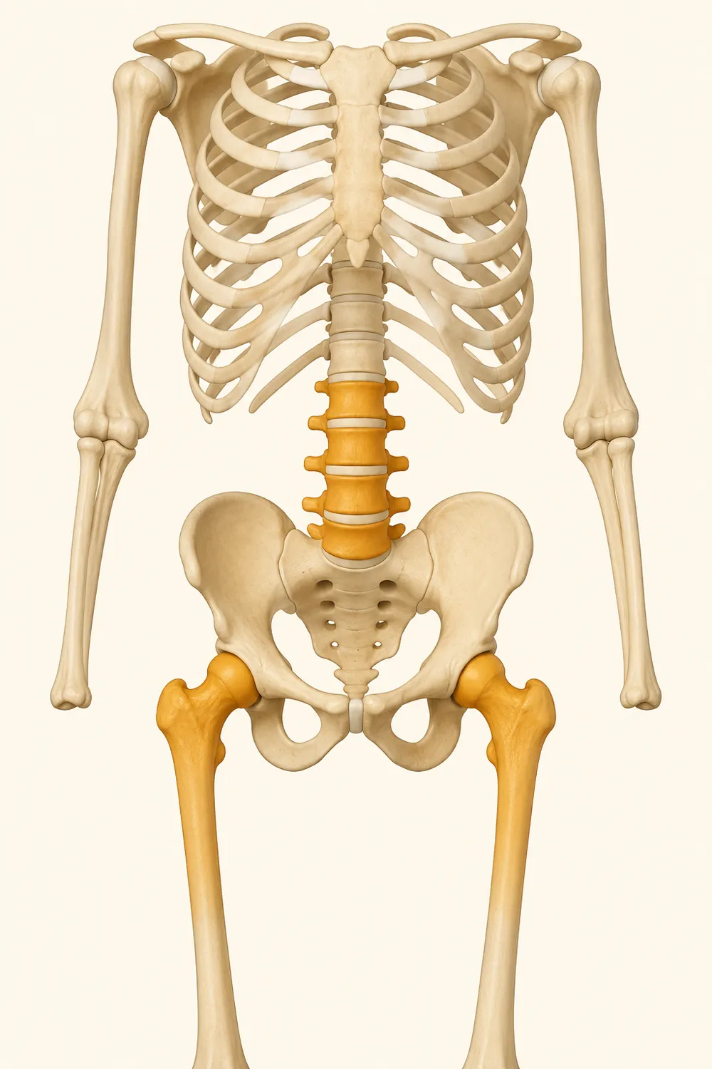 腰椎と大腿骨のつけ根を色分けして示した骨格図